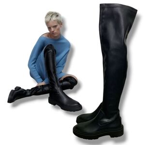 😍H.P😍 Zara Women's Black PU Leather Lug Sole  Over-the-Knee Tall Stretch Boots